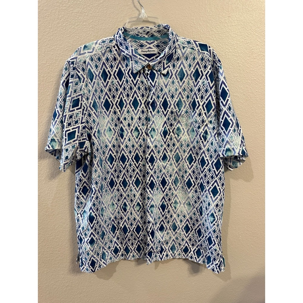 Tommy Bahama Diamond Print Camp Shirt Button Up Short Sleeve Blue‎ Size L